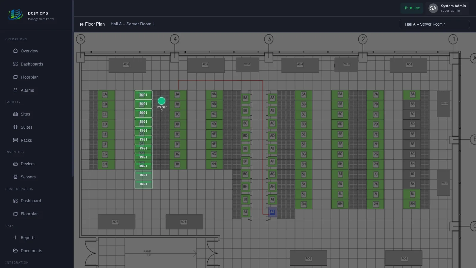 Interactive CMS floor plan view with racks and devices placed to scale and live temperature, power, and alarm-state overlays updating in place.