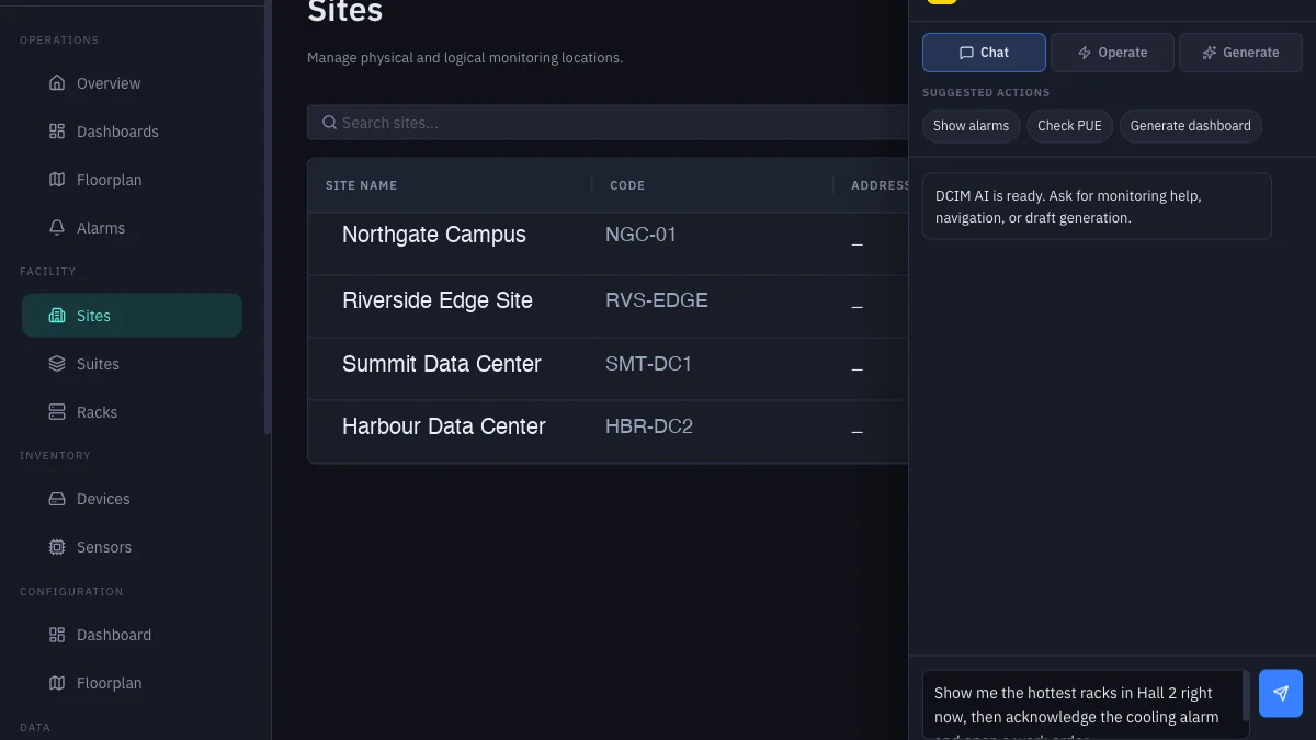 CMS sites management screen listing facilities and their status alongside the built-in AI operations assistant chat panel.
