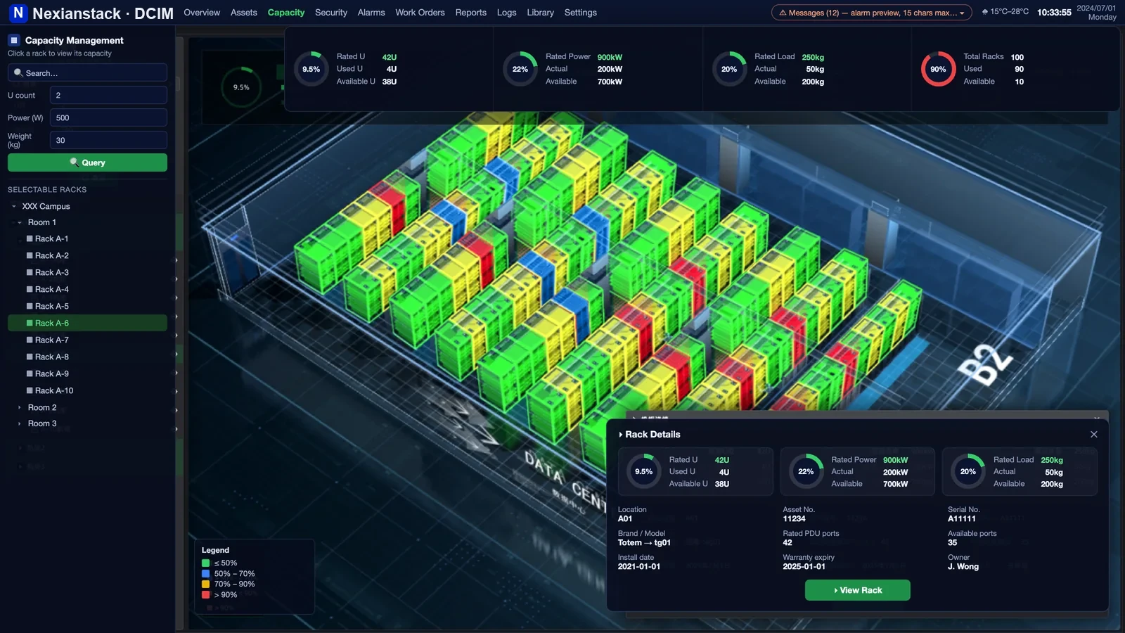 3D digital twin showing every rack and device in the computer room on a single screen