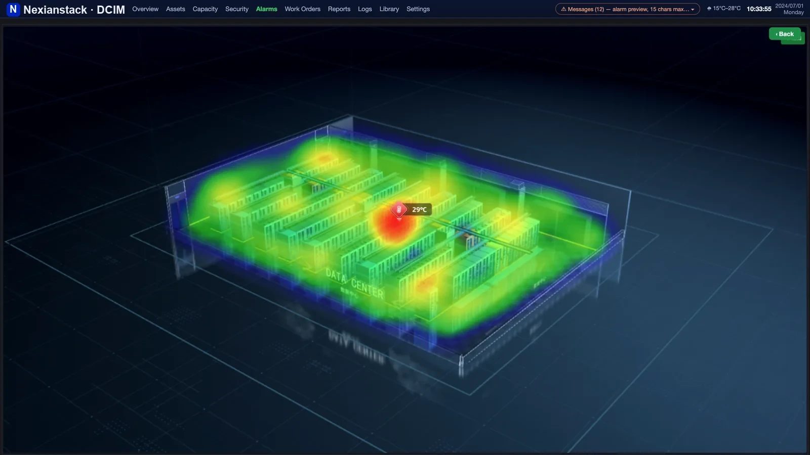 Live 3D thermal map of the computer room showing temperature distribution across racks in spatial layout